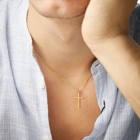 Gold Plated Simple Religious Smooth Cross Pendant Necklace Unisex - Picture 6 of 7